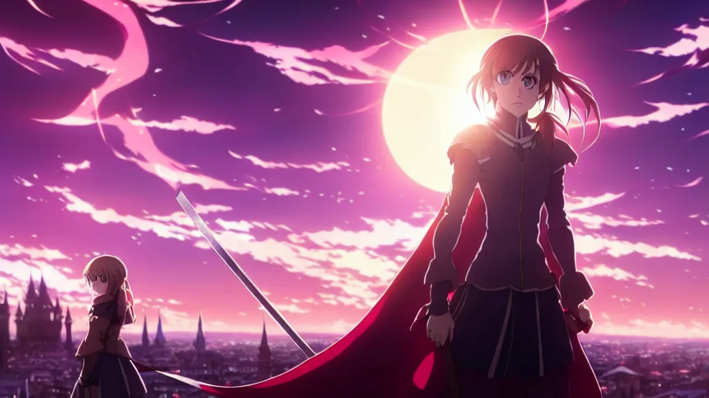 Image similar to emma watson in heavens feel movie, demon slayer, ufotable, kyoani, high quality, key visual, cinematic, city background, night time, rooftop, fate stay night, unlimited blade works, greg rutkowski, high resolution, dynamic pose, extreme close up, rin outfit, anime, high angle, high budget