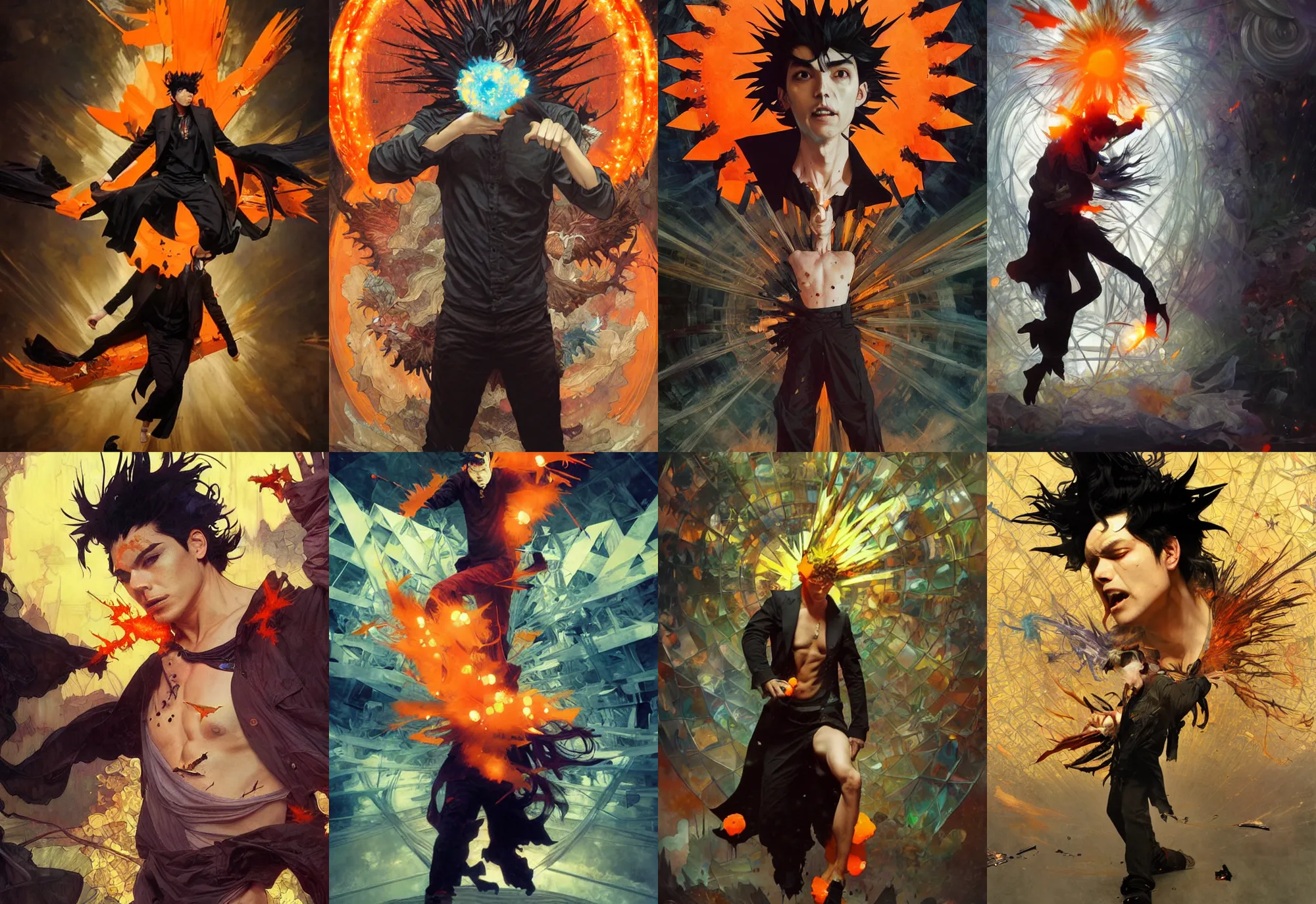 Prompt: a mad guy with spike black hair, orange spike aura in motion, damaged clothes, floating pieces, painted by art by tsuyoshi nagano, greg rutkowski, artgerm, alphonse mucha