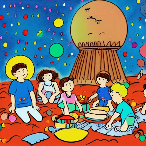 Prompt: Illustration for small children Called crowd of HAPPY small Children PICNIC ON THE Lunar Surface , in the style of Dorothy Brook, Lunar colour scheme