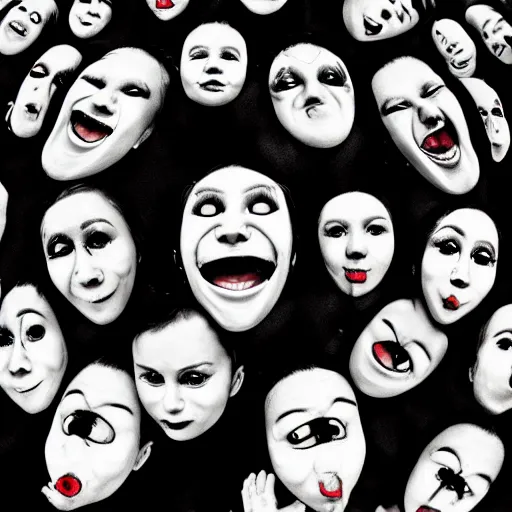 Image similar to a group of people with creepy faces and mouths, an album cover by arent arentsz, featured on deviantart, computer art, grotesque, fisheye lens, creepypasta