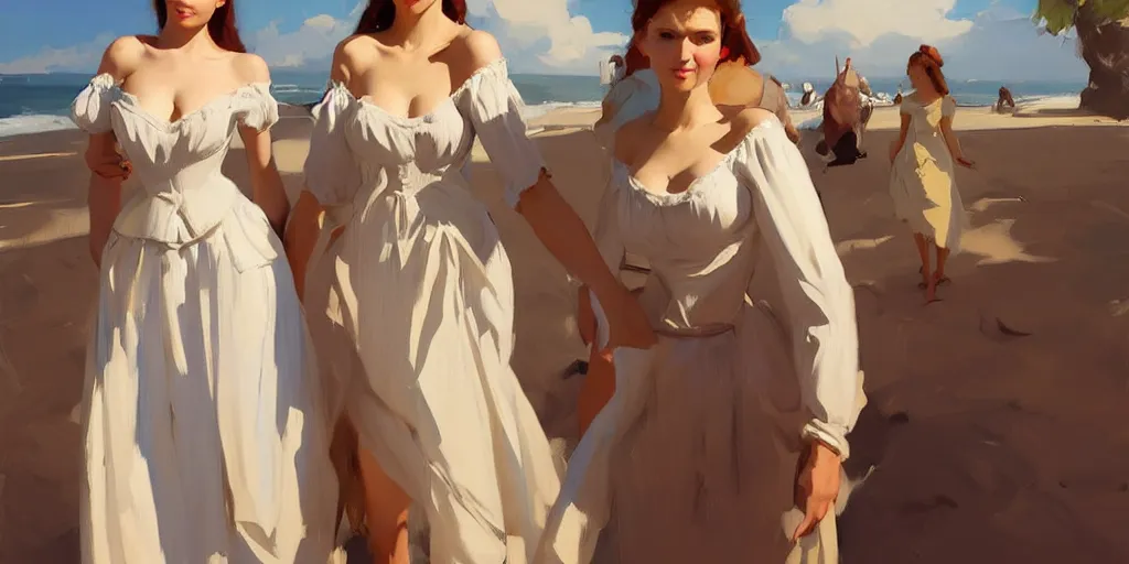 Prompt: portrait of two gorgeous shapely captivating german latvian belarusian finnish norwegian swedish glamour models wearing 1 7 th century french off - the - shoulder neckline bodice walking at beach, jodhpurs greg manchess, painting by sargent and leyendecker, ghibli studio, asymmetrical intricate elegant illustration hearthstone, by greg rutkowski, by greg tocchini, by craig mullins