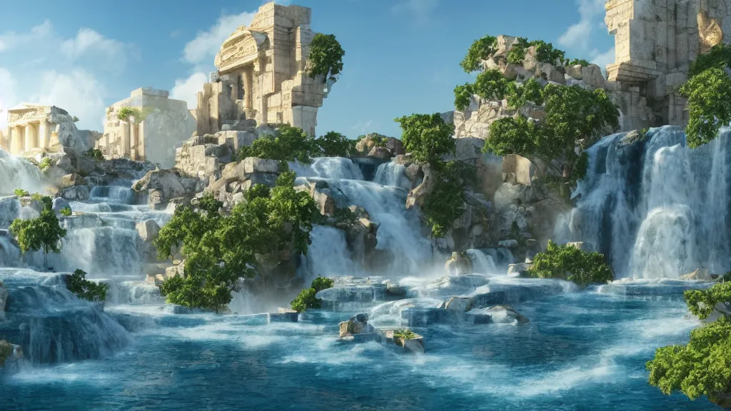 Image similar to ancient greek marble city in the clouds surrounded by a giant waterfalls, gold trimmings, clear blue water fountain, vines and blue foliage, matte painting, octane render, cinematic camera, bloom, blizzard cinematic,