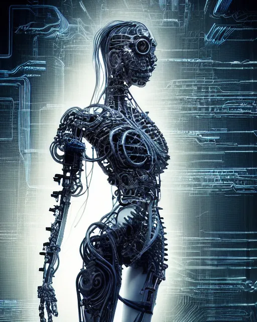 Prompt: portrait photo of an aesthetic biomechanical cyborg plugged into a quantum computer with cables and wires and optic fibers. cyberpunk horror style. art by luis royo. highly detailed 8 k. intricate. nikon d 8 5 0 5 5 mm. award winning photography.