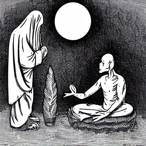 Image similar to meditative horror illustration of a serene and pure hermit tracing a magic circle of ritual purification, banishing the crowd of ghosts and shades that silently stand around him