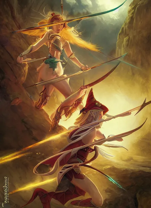 Prompt: elf archer unleashing ultimate attack by adrian smith and marc simonetti and vladimir volegov and alexander averin and delphin enjolras