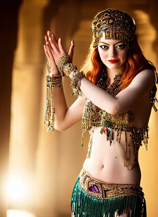 Image similar to portrait of emma stone as a belly dancer in a persian palace, by charlotte grimm, natural light, detailed face, beautiful crossed hands,, canon eos c 3 0 0, ƒ 1. 8, 3 5 mm, 8 k, format print, half body shot