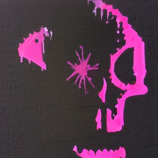 Image similar to a cartoon skull spray painted on a black background with dripping pink spray paint, pixel art, three fourths view, black background!!!!!