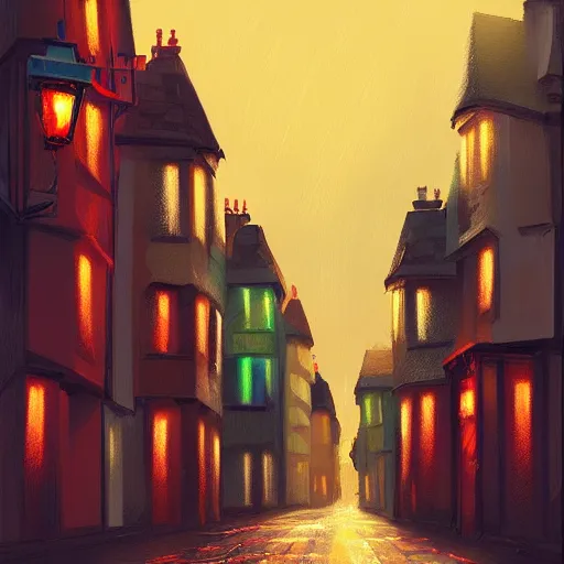 Prompt: A quaint, magical, medieval, winding London street at night, digital painting by Alena Aenami, trending on artstation