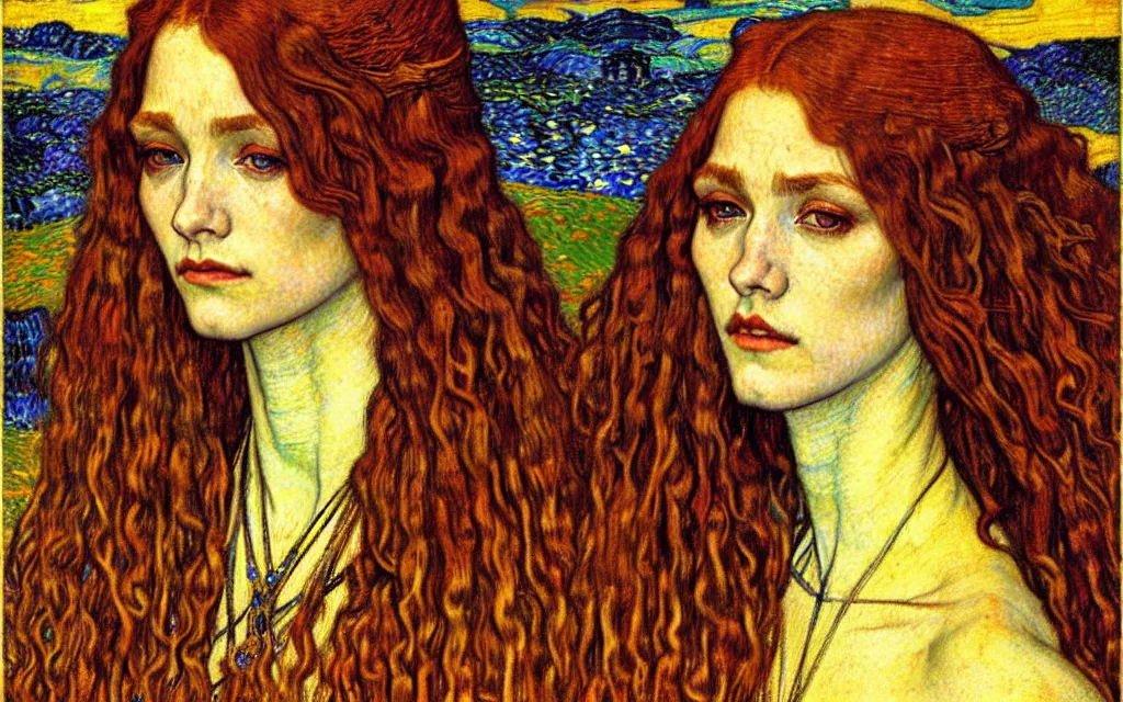 Image similar to detailed realistic beautiful young medieval queen face portrait by jean delville, gustav klimt and vincent van gogh, art nouveau, symbolist, visionary, gothic, pre - raphaelite, muted earthy colors, desaturated