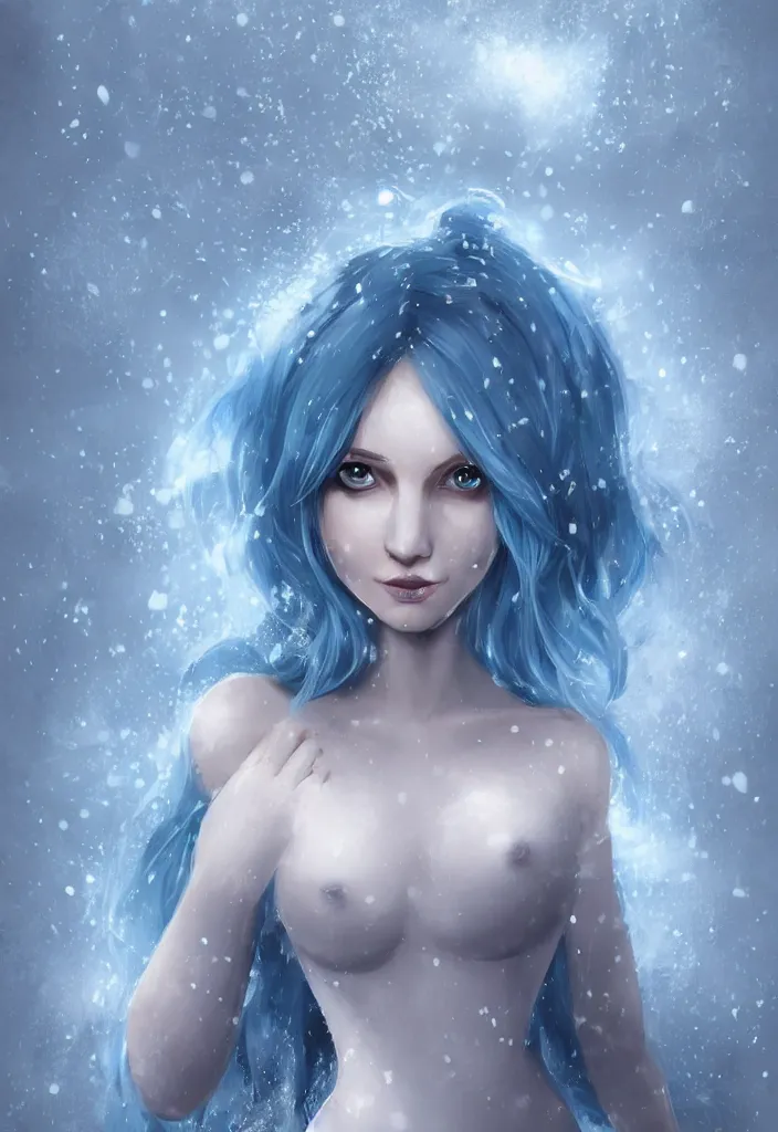 Image similar to a stunningly pretty woman with pale blue hair wearing a dress made out of snowflake in the middle of a snowstorm. award - winning digital art, trending on artstation