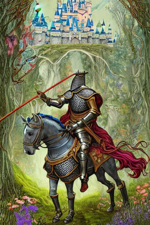 Image similar to medieval knight riding a horse in a magic kingdom overgrown by moss and plants, shiny armor, enchanted forest with fairies, wizards and magic mushrooms in the background, illustrated by james jean, very detailed and colorful and ornamental and floral, comicbook cover