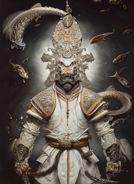 Image similar to subsurface scattering, white, koi, samurai deity with filigree koi armor, octane render, by jesper ejsing, james jean, justin gerard, tomasz alen kopera, cgsociety and fenghua zhong, highly detailed, rim light, cinematic lighting, art, very coherent, cinematic, hyper realism, high detail, 8 k