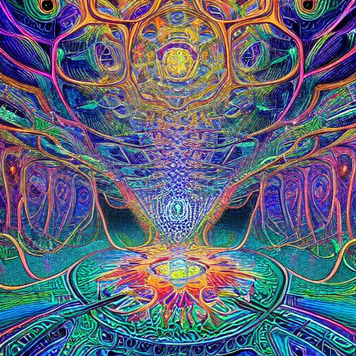 Image similar to beautiful and highly detailed painting of the inside of a dmt hyperspace filled with intricate and perfect patterns surrounded by infinite detailed rooms by moebius and alex grey