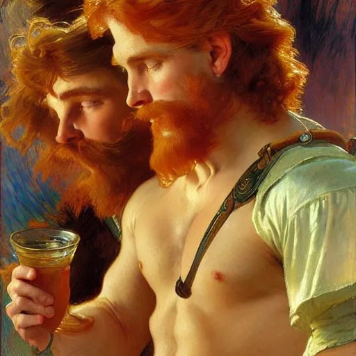 Image similar to attractive muscular ginger hair mike and muscular attractive brunet hair ty, drinking their hearts out, boys night out. highly detailed painting by gaston bussiere, craig mullins, j. c. leyendecker, alphonse mucha 8 k