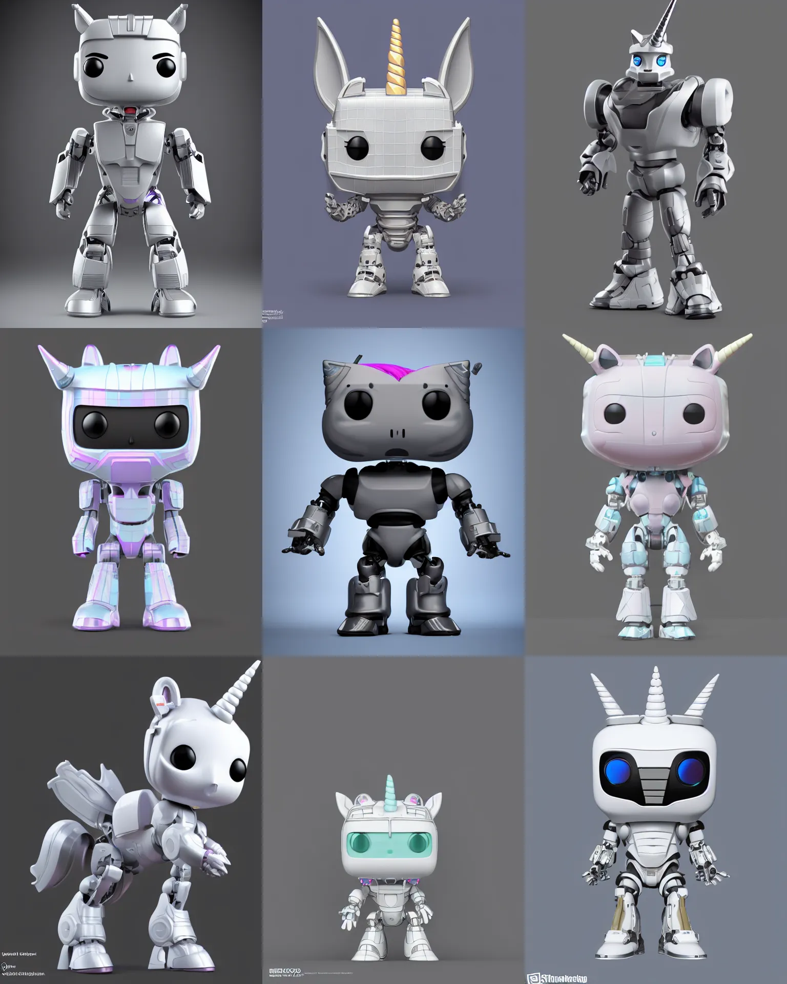 Prompt: full body 3 d render of unicorn robot as a funko pop!, studio lighting, grey background, single body, no shadow, blender, trending on artstation, 8 k, highly detailed