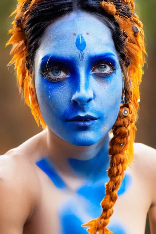 Image similar to an italian woman dressed as a blue-skinned female navi from avatar standing in a forest, blue body paint, high resolution film still, 8k, HDR colors, cosplay, outdoor lighting, high resolution photograph, photo by bruce weber, beautiful symmetric face, beautiful gazing eyes