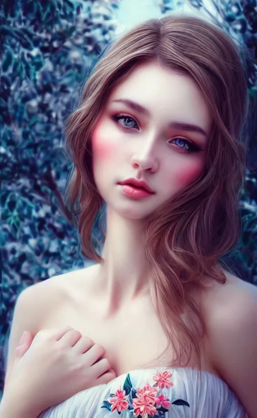 Image similar to a gorgeous russian female photo, bokeh, beautiful face, professionally retouched, soft lighting, realistic, smooth face, full body shot, torso, dress, perfect eyes, sharp focus on eyes, 8 k, high definition, insanely detailed, intricate, elegant, art by artgerm and kyoung hwan kim