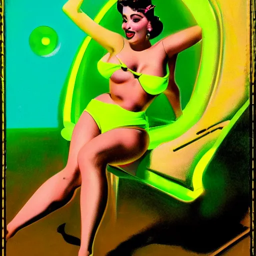Image similar to portrait of pin up girl in a neon green bikini, visible aura of madness distorting the surroundings, occult details, high quality, 8 k by art frahm