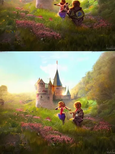 Image similar to children playing inside a meadow in the castle walls. intricate, elegant, highly detailed, digital painting, artstation, concept art, sharp focus, illustration, by justin gerard and artgerm, 8 k