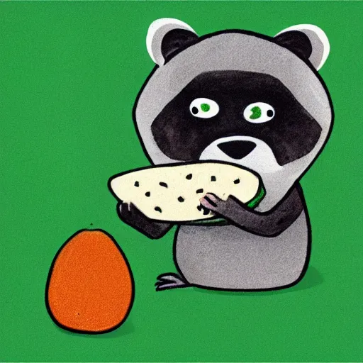 Prompt: children's book style illustration of a grumpy raccoon eating an avocado