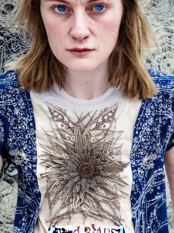 Image similar to hyperdetailed close shot of daisy edgar - jones, winds of winter, with ripped crop t - shirt intricate ornaments, fine - face, pretty face