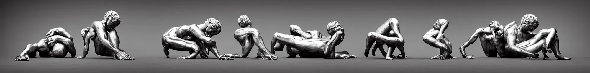 Prompt: long line-up of polished platinum and crude oil laocoon and his sons struggling and extremely twisted and contorted, jewelry photography, black background