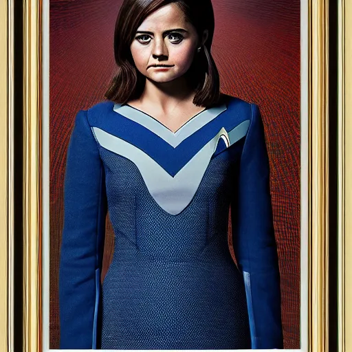 Image similar to a beautiful full body photograph of jenna coleman as a star fleet science officer from star trek next generation, full dress uniform, symmetrical face, extreme realism and detail, 8 k, completely framed, direct lighting, 3 5 mm photo, photorealistic, sharp focus