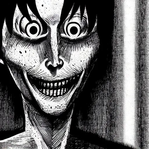 Image similar to smiling man, junji ito, creepy, unsettling,