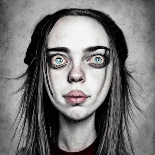 Prompt: surrealism grunge cartoon sketch of billie eilish with a wide smile by - michael karcz, loony toons style, horror theme, detailed, elegant, intricate