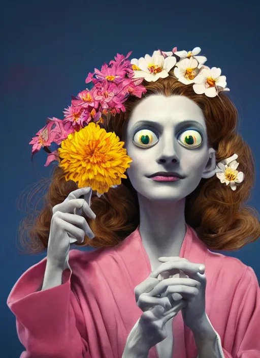 Image similar to an anthropomorphic beautiful female scientist portrait holding a flowers wearing colourful robe, fine art, award winning, intricate, elegant, sharp focus, octane render, hyperrealistic, wizard hat cinematic lighting, highly detailed, digital painting, 8 k concept art, art by jamie hewlett and z. w. gu, masterpiece, trending on artstation, 8 k