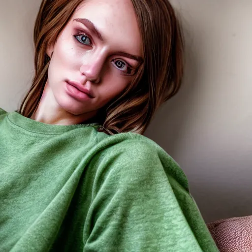 Prompt: intricate portrait of a cute thin young woman, light bronze brown hair, very detailed vivid green eyes, red blush, light freckles, soft smile, casual clothes, relaxing on the couch, home interior, golden hour, close up shot, 8 k, art by irakli nadar, hyperrealism, hyperdetailed, ultra realistic