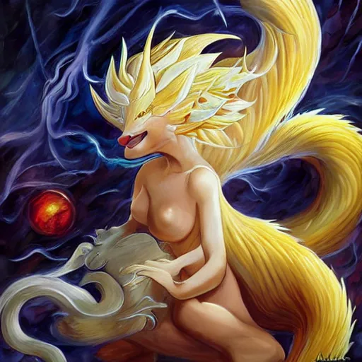 Image similar to ninetales the pokemon by arthur adams, charlie bowater, leonid afremov, chiho ashima, karol bak, david bates, tom chambers