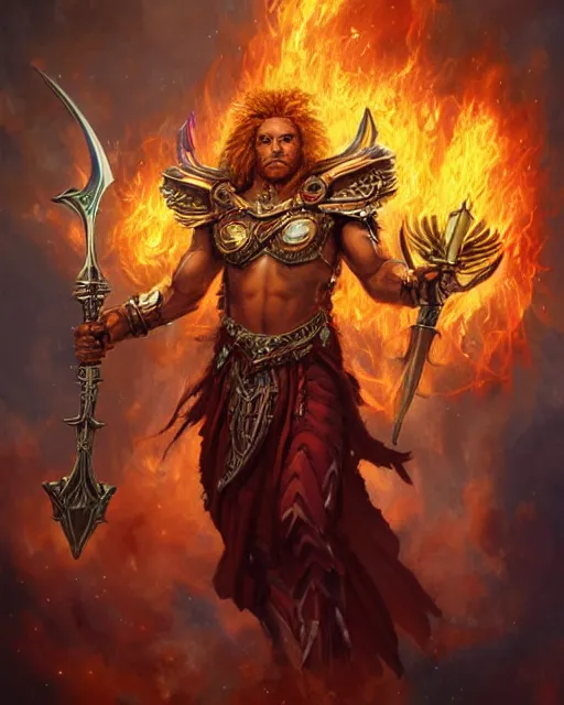 Prompt: mtg character portrait of a brawny male leonin warrior african lion angel of justice, with fiery golden wings of flame, wearing shining armor, wielding a flaming sword and holding a large fiery shield, by peter mohrbacher, mark brooks, jim burns, wadim kashin, greg rutkowski, larry elmore, esao andrews, trending on artstation