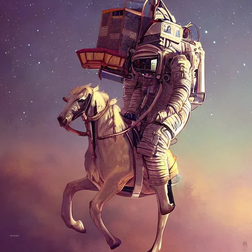 Image similar to astronaut, carrying a horse on his shoulders up, horse above, astronaut below, industrial sci - fi, by mandy jurgens, ernst haeckel, james jean