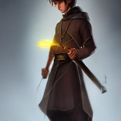 Image similar to An adolescent male half-elf wizard, focus on face, tall, slim, short brown hair, smiling, wizard robes, staff, sharp focus, highly detailed, photograph, cinematic, dynamic lighting, trending on artstation, digital painting, in the style of Chris Ostrowski