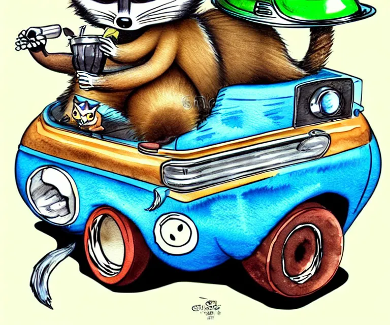 Image similar to cute and funny, racoon smoking cigar, racoon wearing a helmet, racoon riding in a tiny hot rod coupe with oversized engine, ratfink style by ed roth, centered award winning watercolor pen illustration, isometric illustration by chihiro iwasaki, edited by range murata