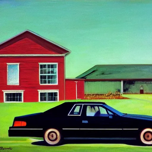 Image similar to a black 1990 Thunderbird super coupe parked in front of a rural farmhouse, painted by Edward hopper
