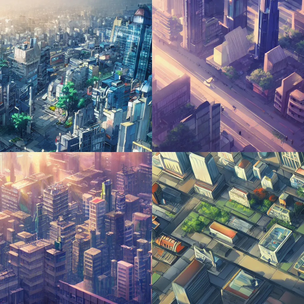 Prompt: Tilt-shift Anime cityscape by Makoto Shinkai, concept art, isometric view, sun shining through clouds, crepuscular rays, trending on art station, 8k