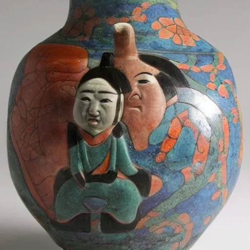 Image similar to vase work, Ancient vase art of Sullivan, mosters inc in art style of chinese art, fragmented clay firing chinese vase with an James P. Sullivan in the style of ancient chinese art, ancient chinese art!!!!! chinese art