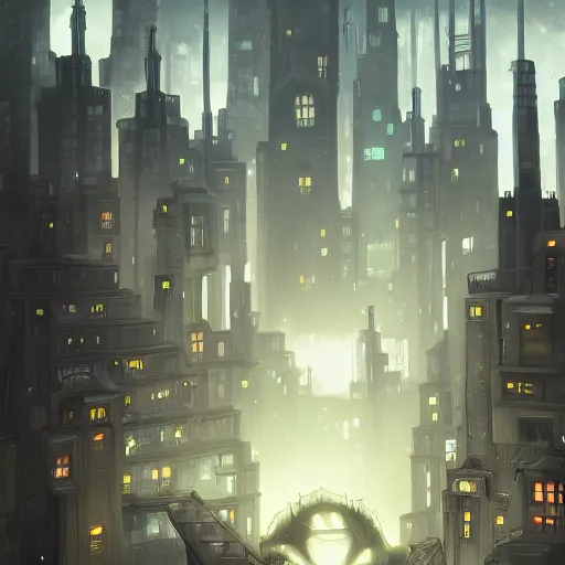 Prompt: digital art painting of city of tears from the game hollow knight, mega city scene, trending on artstation