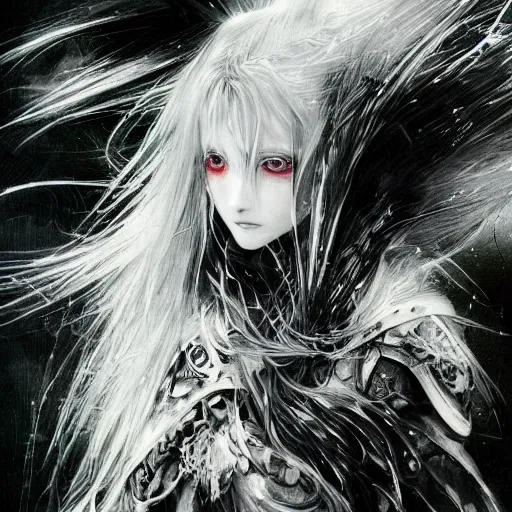 Image similar to Yoshitaka Amano blurred and dreamy illustration of an anime girl with wavy white hair and cracks on her face wearing Elden ring armour with the cape fluttering in the wind, abstract black and white patterns on the background, noisy film grain effect, highly detailed, Renaissance oil painting, weird portrait angle