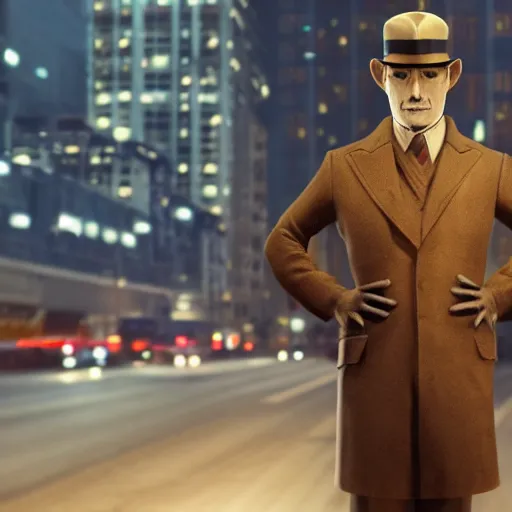 Image similar to a picture of a man with the face of a brown llama, wearing a 1 9 4 0's noire detective outfit, standing in the streets of chicago at night, 4 k octane render highly realistic photograph