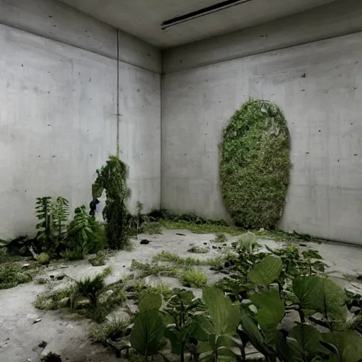 Image similar to an abandoned room in a concrete building, modern avant - garde, few overgrown plants, dreamy, overcast, by hans bellmer