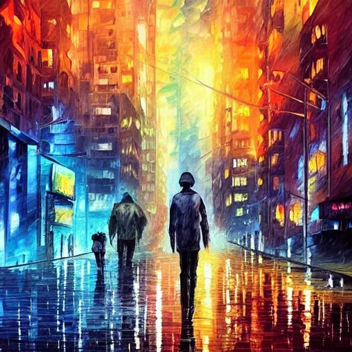 Image similar to “cyberpunk city in the rain, dystopian, style of leonid afremov”