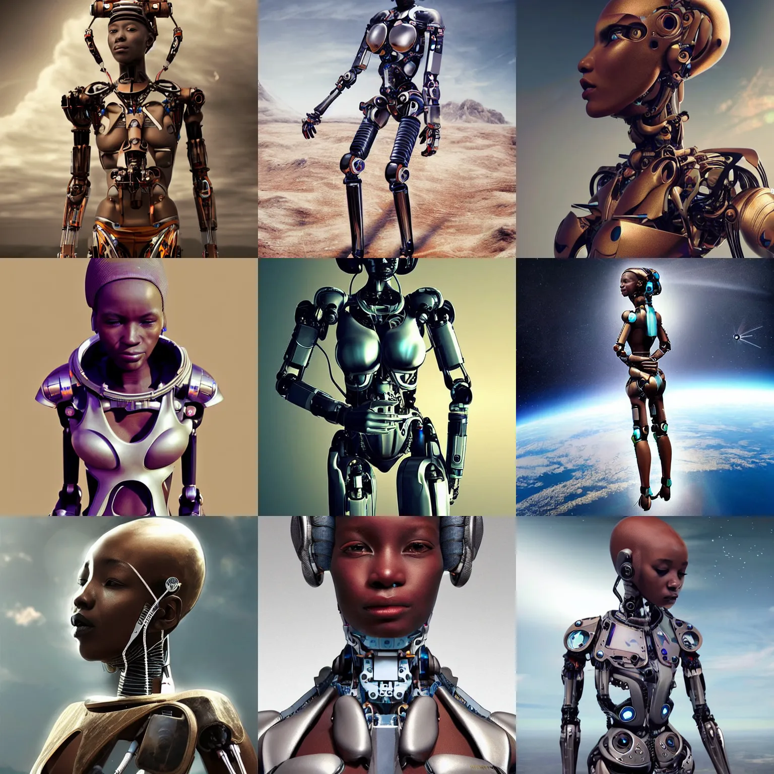 Prompt: beautiful futuristic himba cyborg woman, robotic arms, weightless in space, hyperrealistic, scifi, concept art, photograph