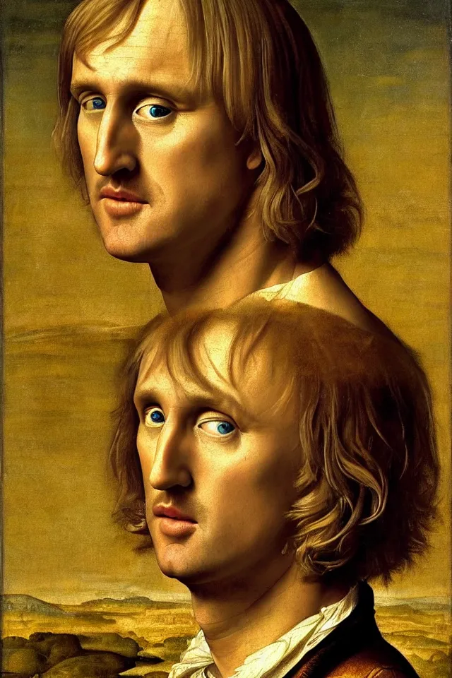 Image similar to bizarre renaissance portrait of owen wilson in a sea of thousands of highly detailed potatos, dramatic cinematic lighting, 8 k, beautiful intricate painting