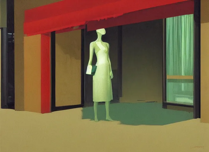 Image similar to woman in a translucent clothing made from green plastic bag with paper bags for clothes standing inside paper bags with paper bag over the head at store display on flooded night street Edward Hopper and James Gilleard, Zdzislaw Beksinski, highly detailed