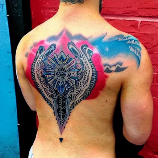 Prompt: a picture of my new back tattoo of a muscular back, bright colorful ink