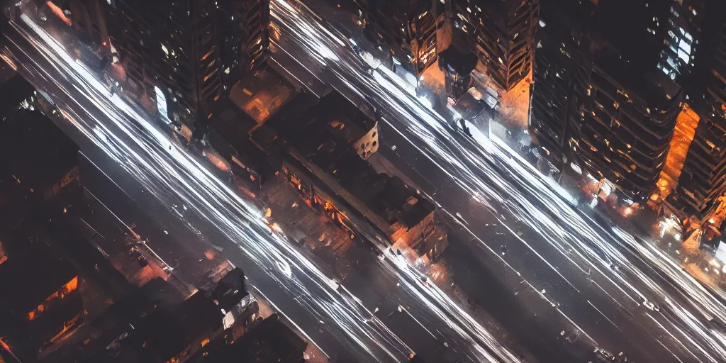 Image similar to a city street at night, raining, photograph, cars on the road, cyberpunk, sharp focus, intricate detail, drone shot