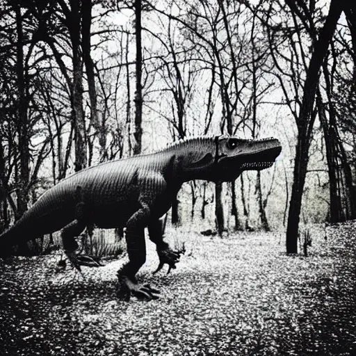 Image similar to “a Tyrannosaurus rex walking through a prehistoric forest”